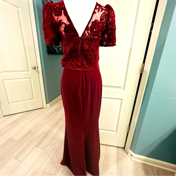 Dress the population XS red Ramona dress lace floral slit $278 - Picture 4 of 11